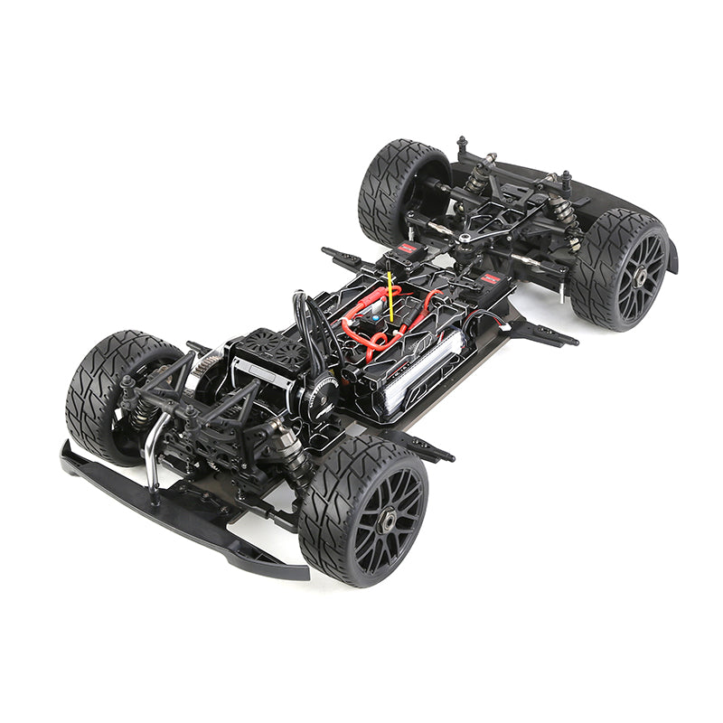 Black RC drift car chassis with exposed motor and suspension from revnhaus
