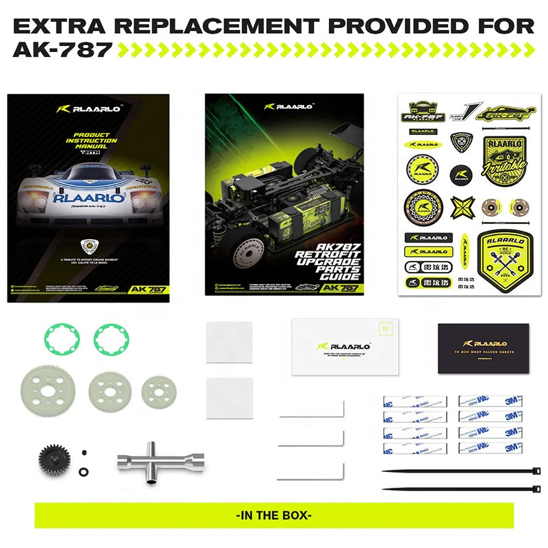 RLAARLO AK-787 RC drift car upgrade kit with manuals, decals, gears, and tools from revnhaus