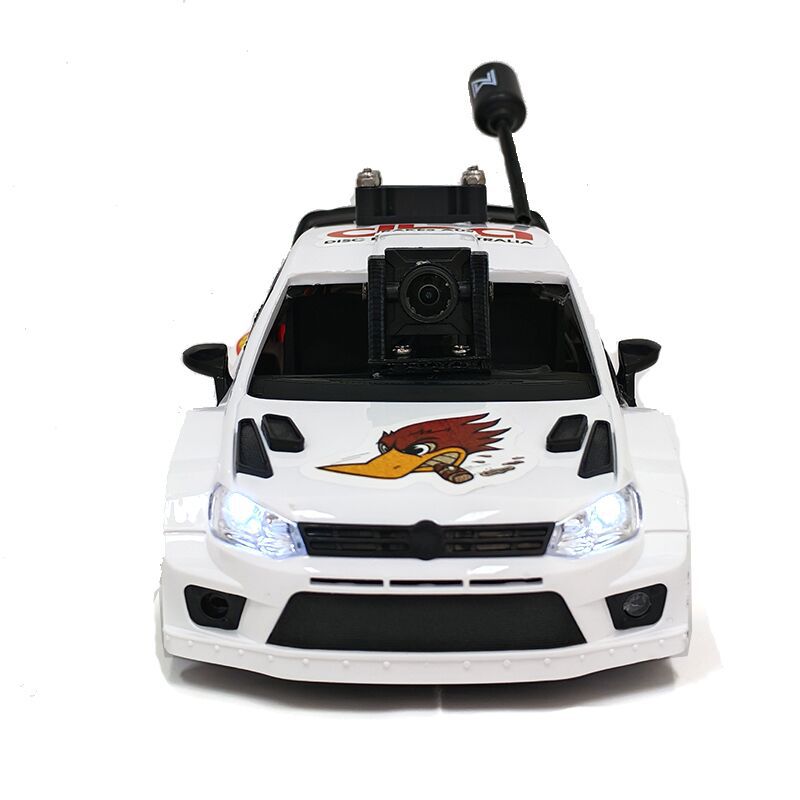 White RC drift car with mounted camera and bird decal, from revnhaus