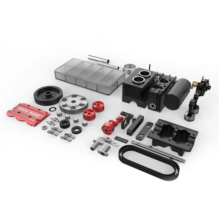 RC car engine kit with red and black parts, gears, and tools from revnhaus