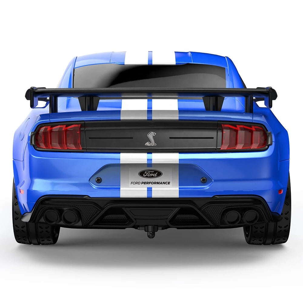 Blue Ford Mustang Shelby GT500 RC drift car with white stripes and rear spoiler from revnhaus