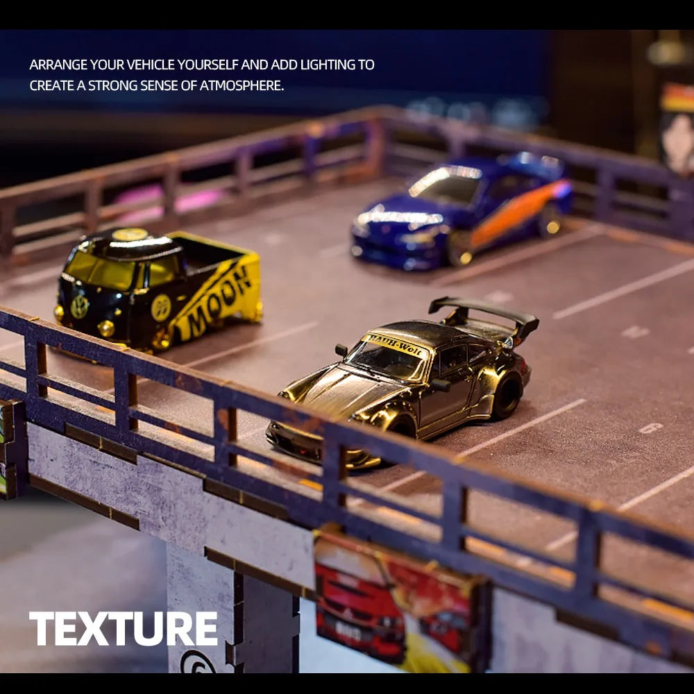 Die-cast RC drift cars on textured bridge display with lighting effects from revnhaus
