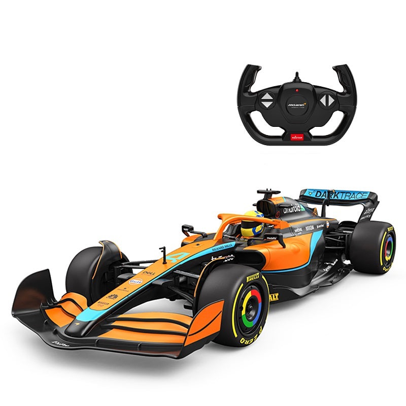 McLaren F1 RC car with remote control, orange and blue livery, from revnhaus