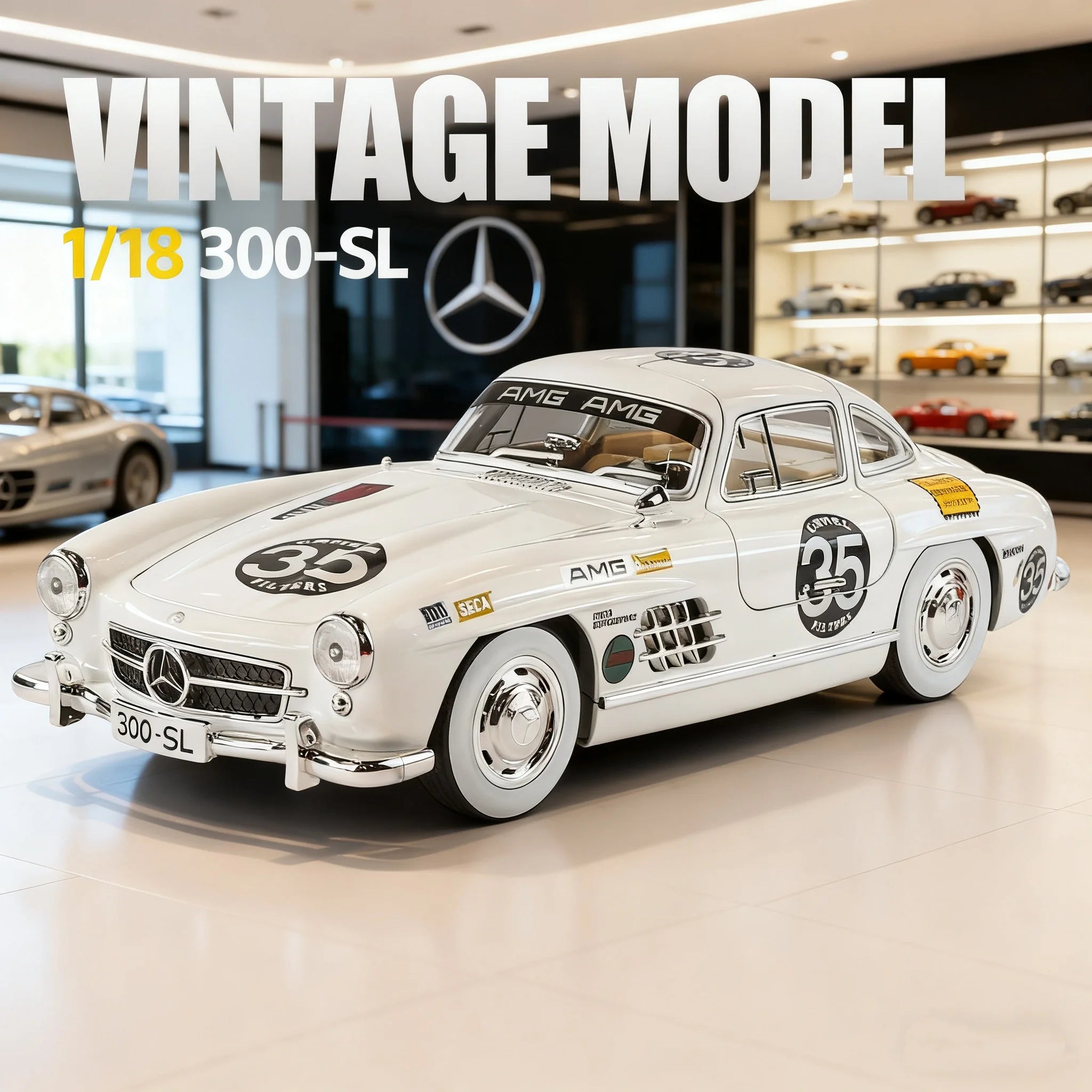 1/18 scale vintage Mercedes 300 SL die-cast model car with AMG racing livery from revnhaus