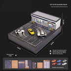 DIY drift assembly stand with miniature garage, parking lot, and RC cars for display from revnhaus
