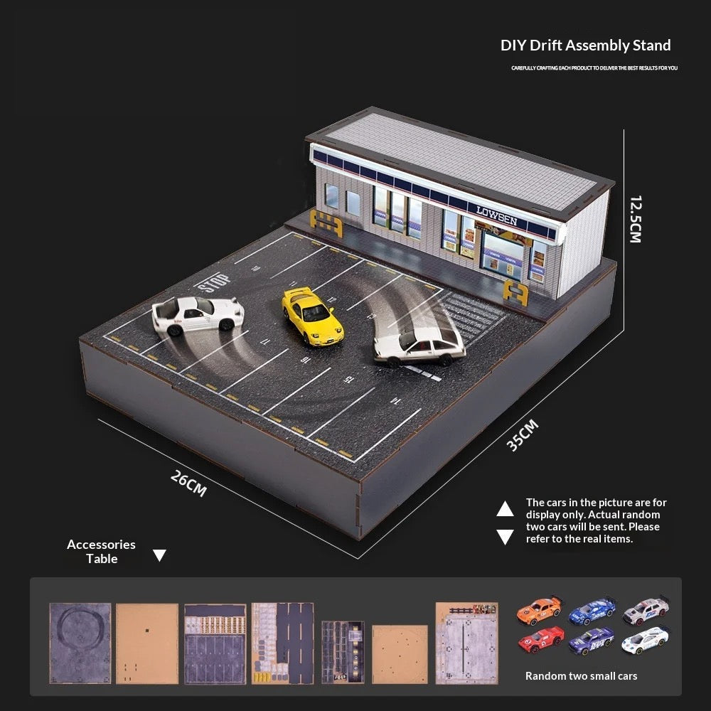 DIY drift assembly stand with miniature garage, parking lot, and RC cars for display from revnhaus
