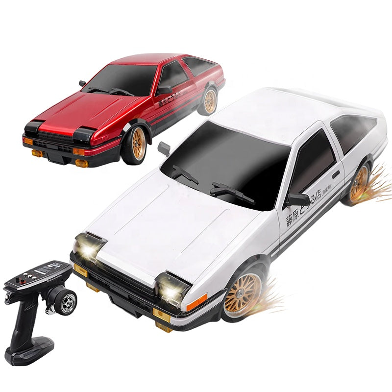 RC drift cars modeled after AE86, white and red with gold wheels, remote control included from revnhaus