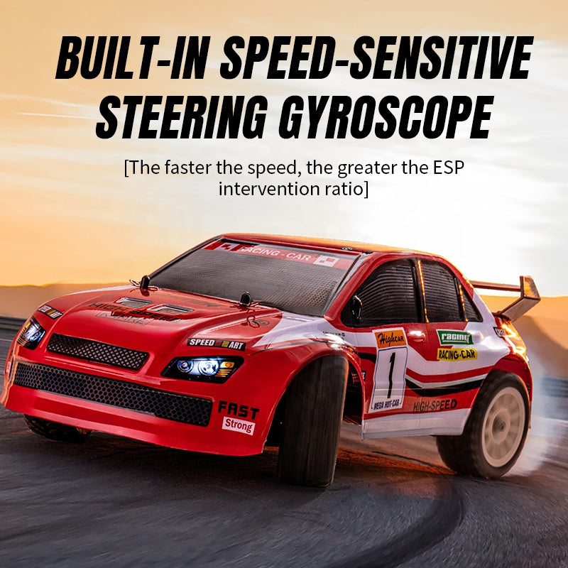 Red RC drift car with speed-sensitive steering gyroscope, drifting on track from revnhaus
