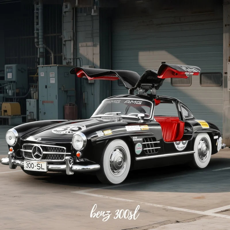 Black Mercedes-Benz 300 SL with gullwing doors open, red interior, vintage racing decals from revnhaus