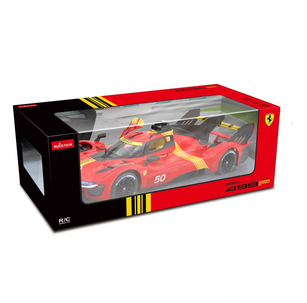 Red Ferrari 499P RC race car model in box, 1/14 scale, from revnhaus