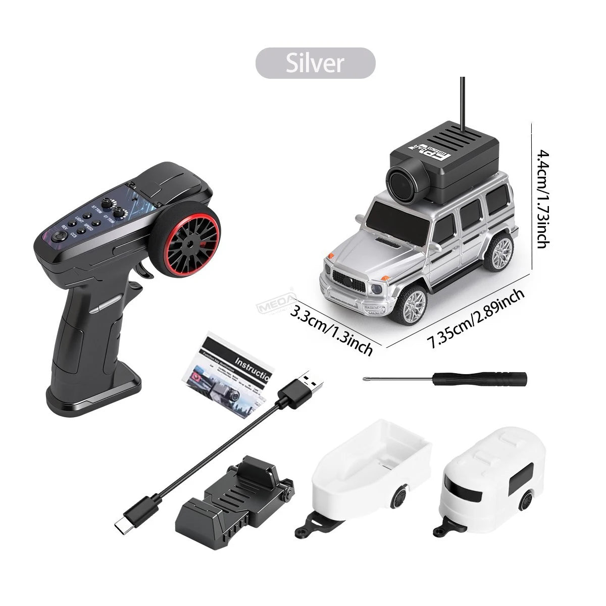 Silver RC drift car with camera, remote controller, and accessories from revnhaus