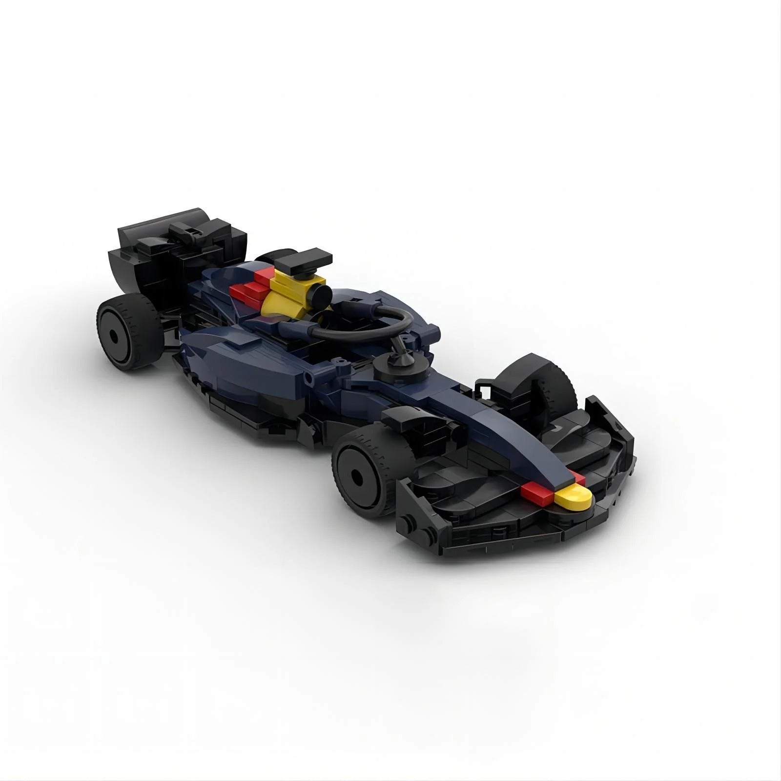 Blue and black F1 race car model with red and yellow accents from revnhaus