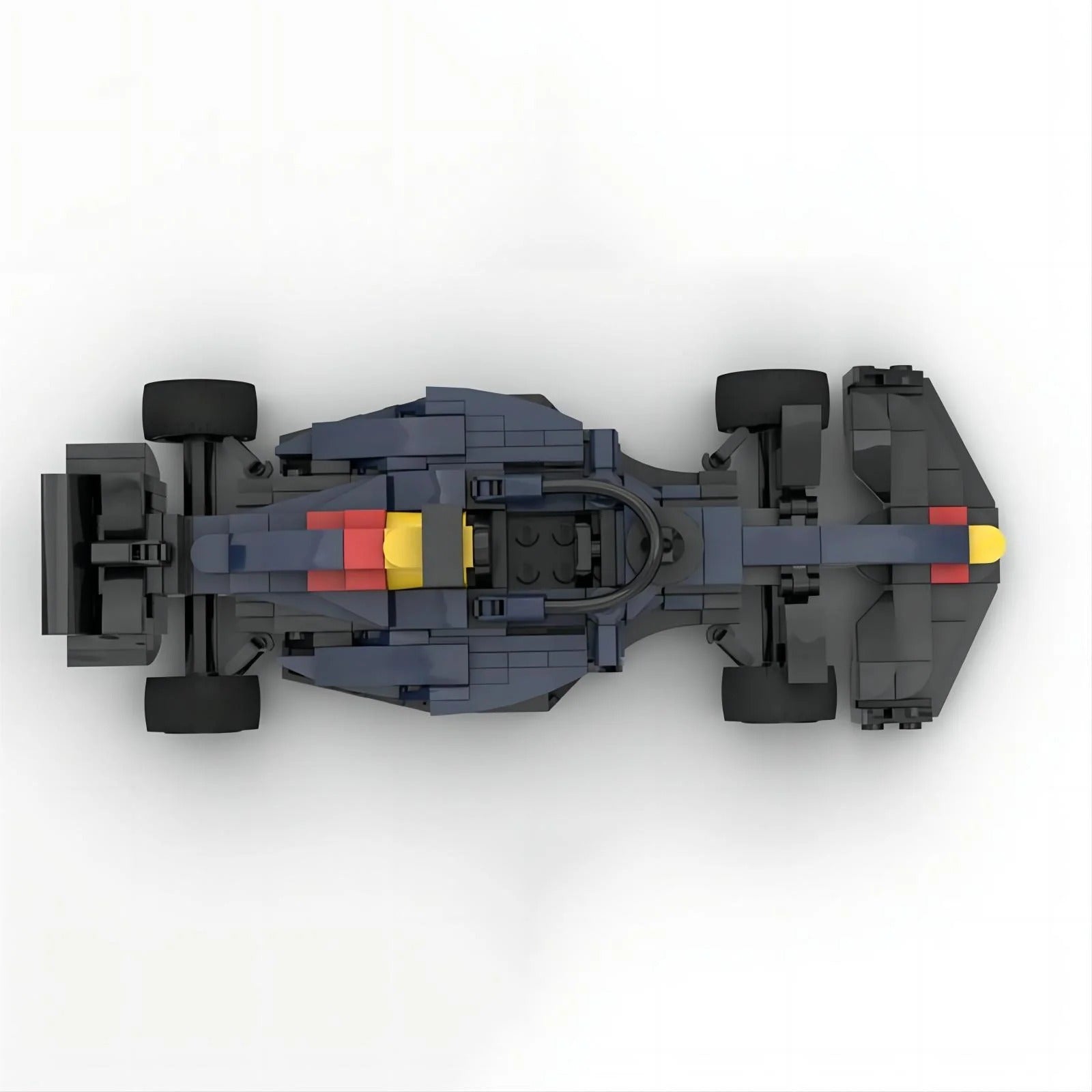 Top view of a detailed F1 race car model with red and yellow accents from revnhaus