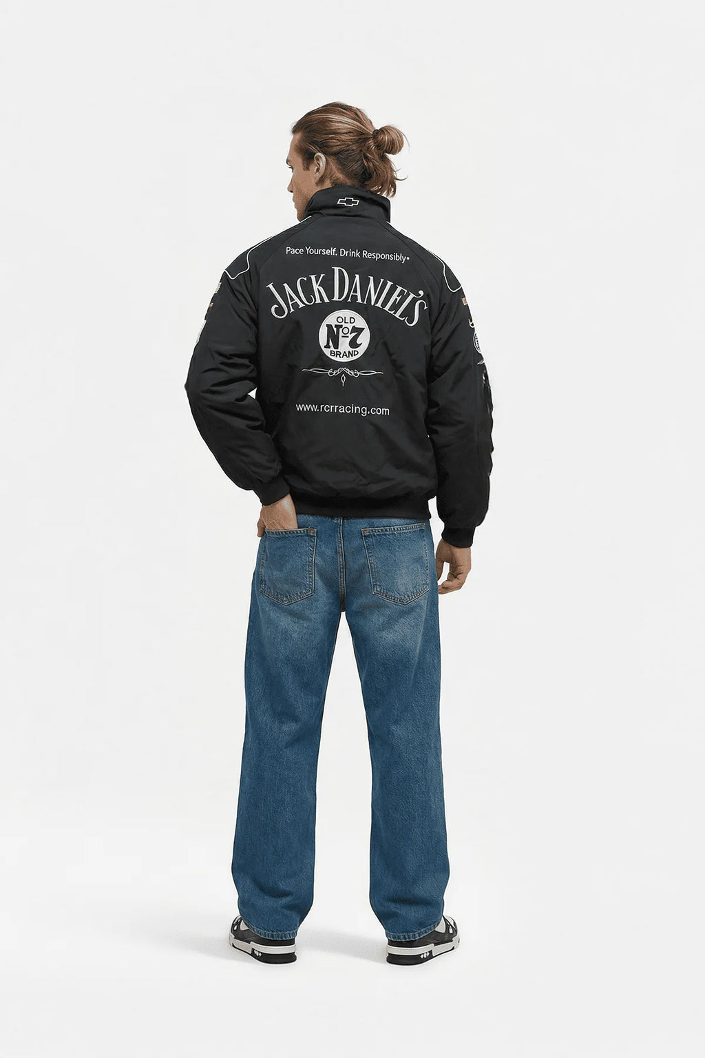 Black Jack Daniel's racing jacket with Old No.7 logo, worn with jeans, from revnhaus