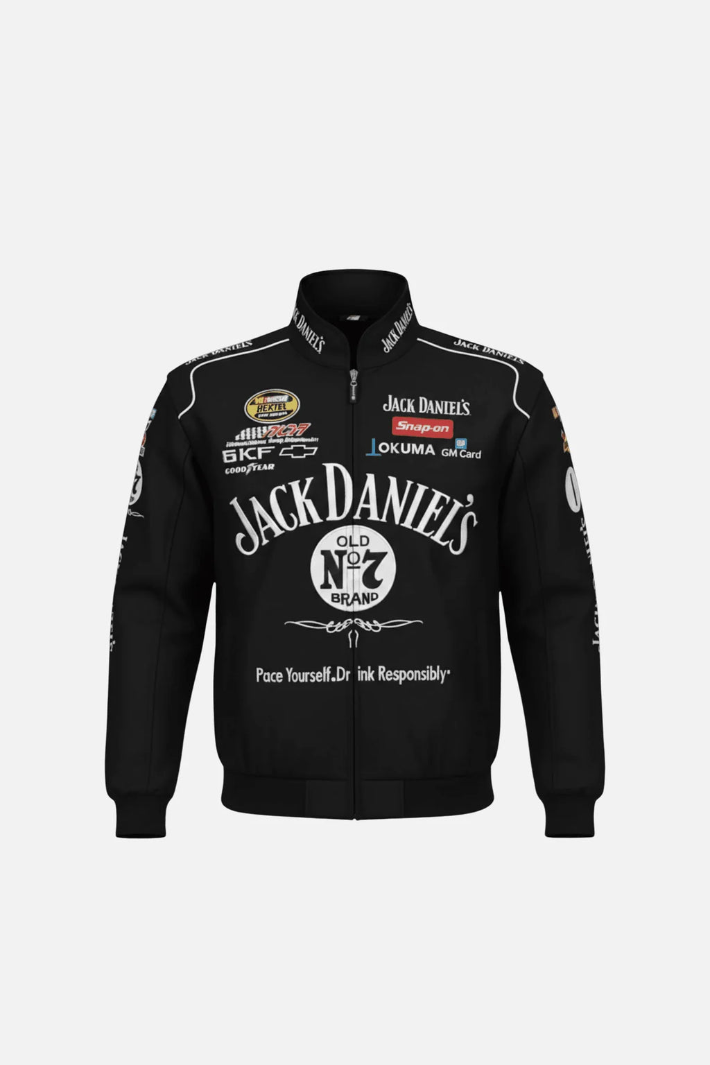 Jack Daniel's NASCAR racing jacket with sponsor logos, black bomber style from revnhaus