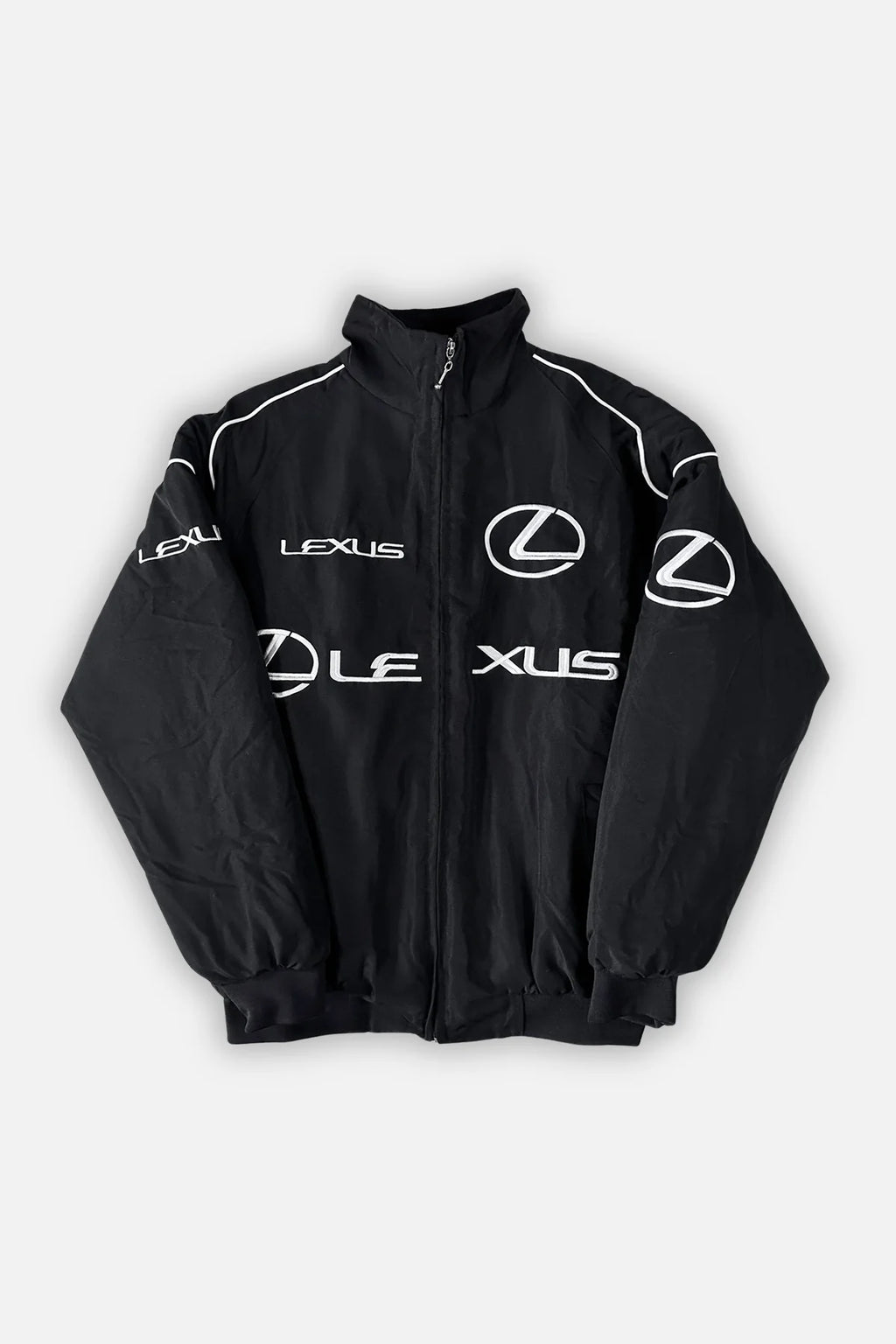 Black Lexus racing jacket with white logos and stripes, motorsport apparel from revnhaus