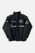 Black Lexus racing jacket with white logos and stripes, motorsport apparel from revnhaus