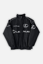 Black Lexus racing jacket with white logos and stripes, motorsport apparel from revnhaus