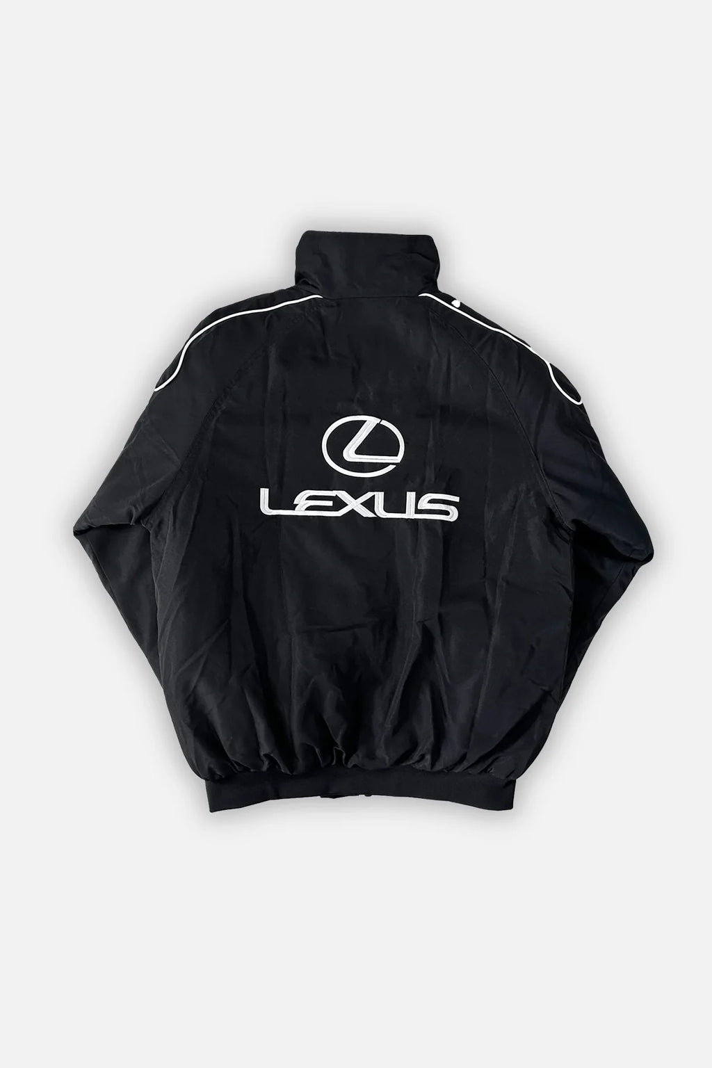 Black Lexus racing jacket with white logo and stripes from revnhaus