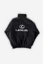 Black Lexus racing jacket with white logo and stripes from revnhaus