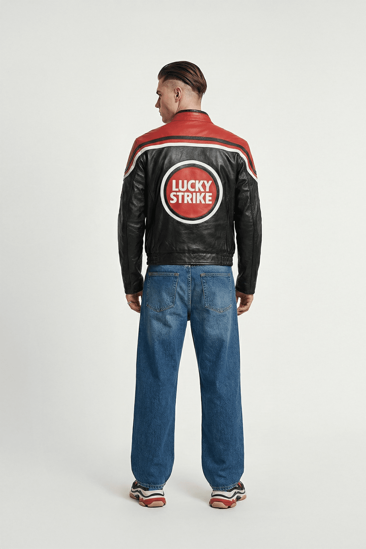Men's black and red Lucky Strike leather racing jacket with bold back logo from revnhaus