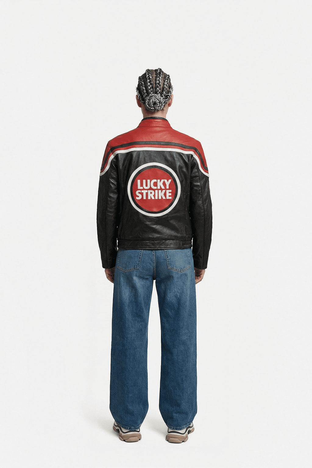 Black and red Lucky Strike racing jacket with bold logo, paired with wide-leg jeans, from revnhaus