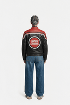 Black and red Lucky Strike racing jacket with bold logo, paired with wide-leg jeans, from revnhaus