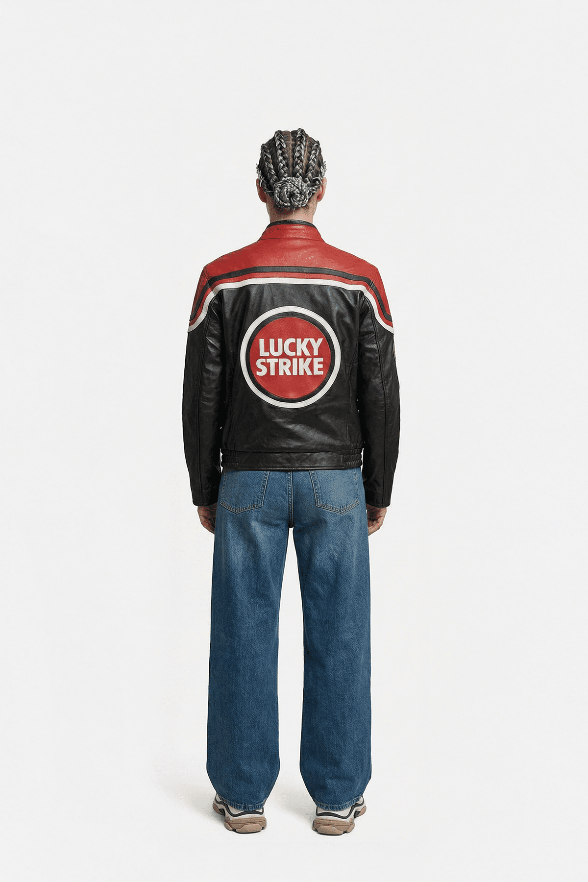 Black and red Lucky Strike racing jacket with bold logo, paired with wide-leg jeans, from revnhaus
