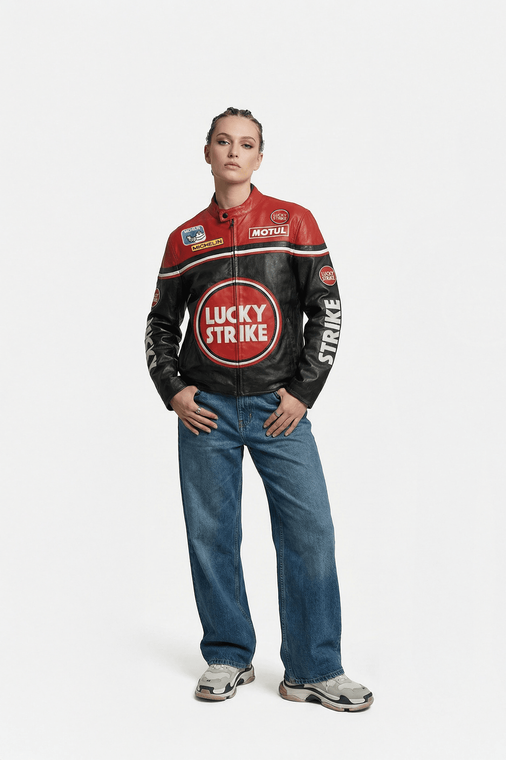 Lucky Strike racing jacket with Michelin and Motul logos, styled with jeans and sneakers from revnhaus