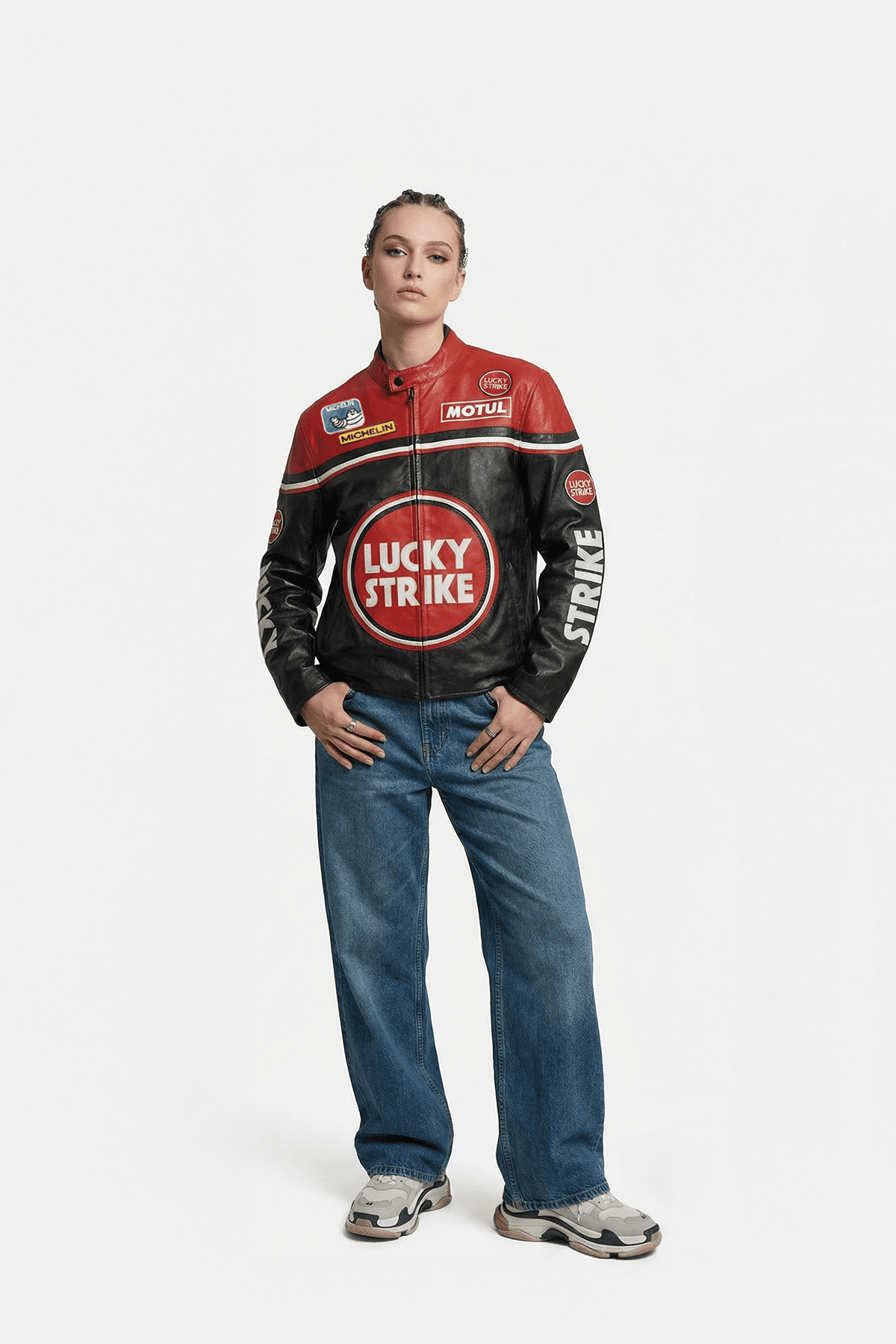 Lucky Strike racing jacket with Michelin and Motul logos, styled with jeans and sneakers from revnhaus