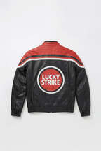 Black and red Lucky Strike leather racing jacket with bold logo, from revnhaus