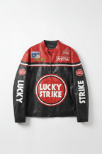Red and black Lucky Strike racing jacket with Michelin and Motul logos from revnhaus