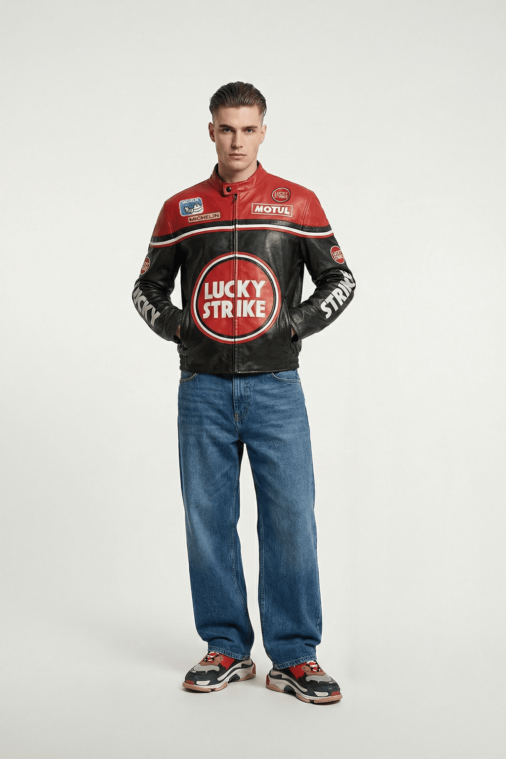Men's Lucky Strike racing leather jacket with Michelin and Motul logos, styled with jeans from revnhaus