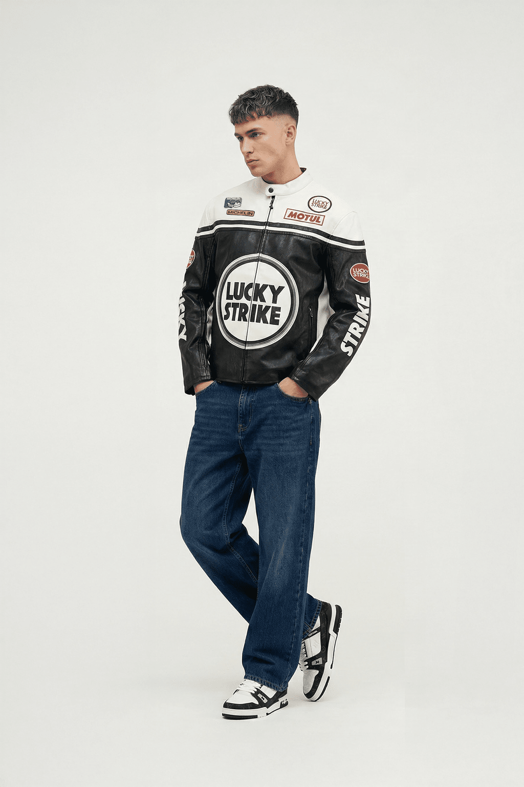 Lucky Strike racing jacket with Michelin and Motul logos, styled with jeans and sneakers from revnhaus
