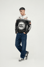 Lucky Strike racing jacket with Michelin and Motul logos, styled with jeans and sneakers from revnhaus