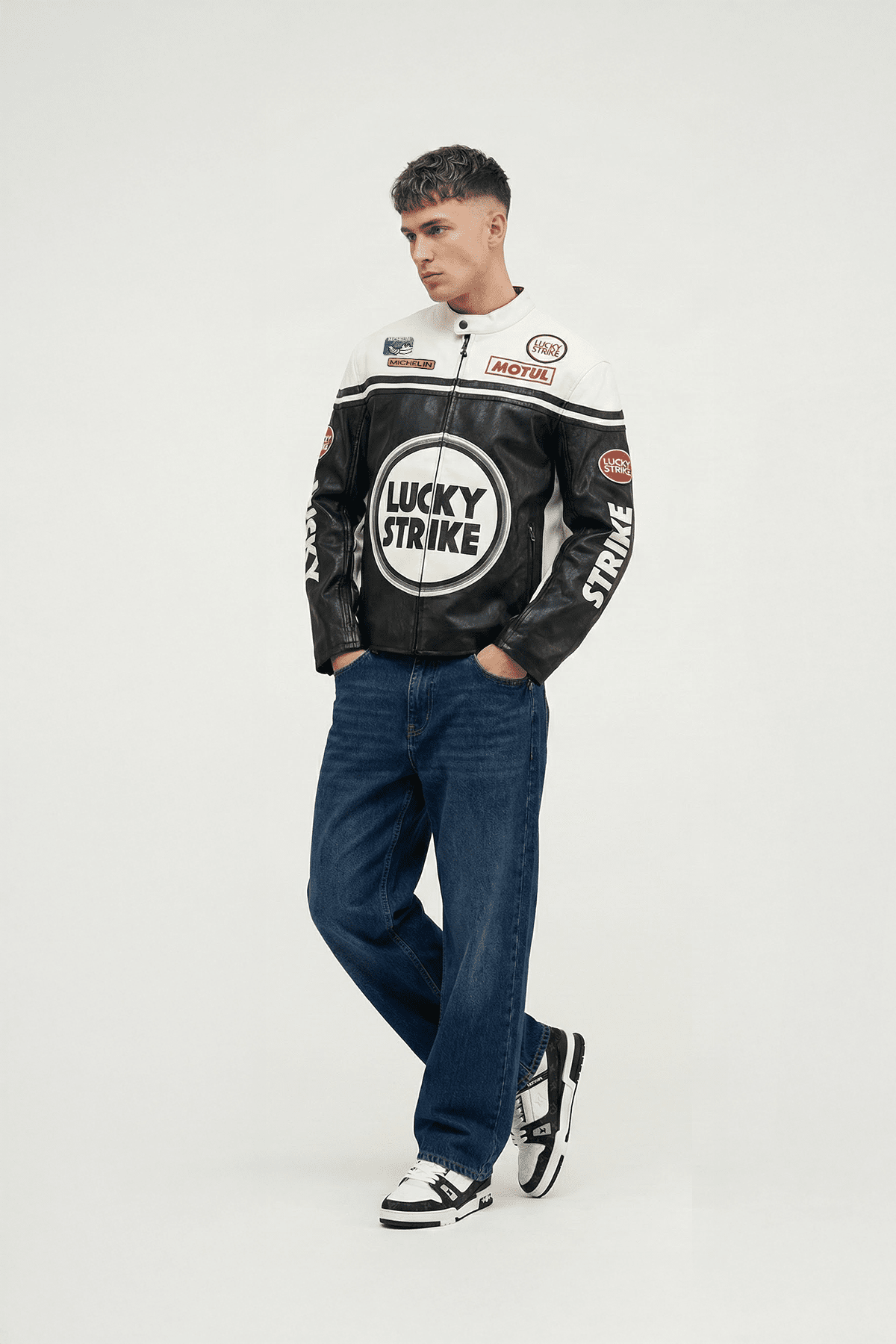 Lucky Strike racing jacket with Michelin and Motul logos, styled with jeans and sneakers from revnhaus