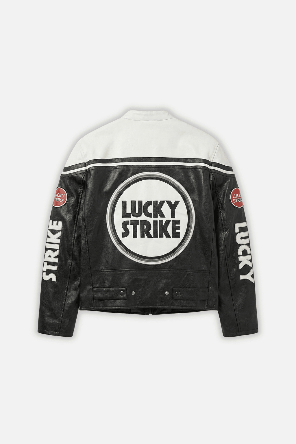 Black and white Lucky Strike racing jacket with bold logo back print from revnhaus