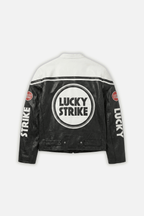 Black and white Lucky Strike racing jacket with bold logo back print from revnhaus