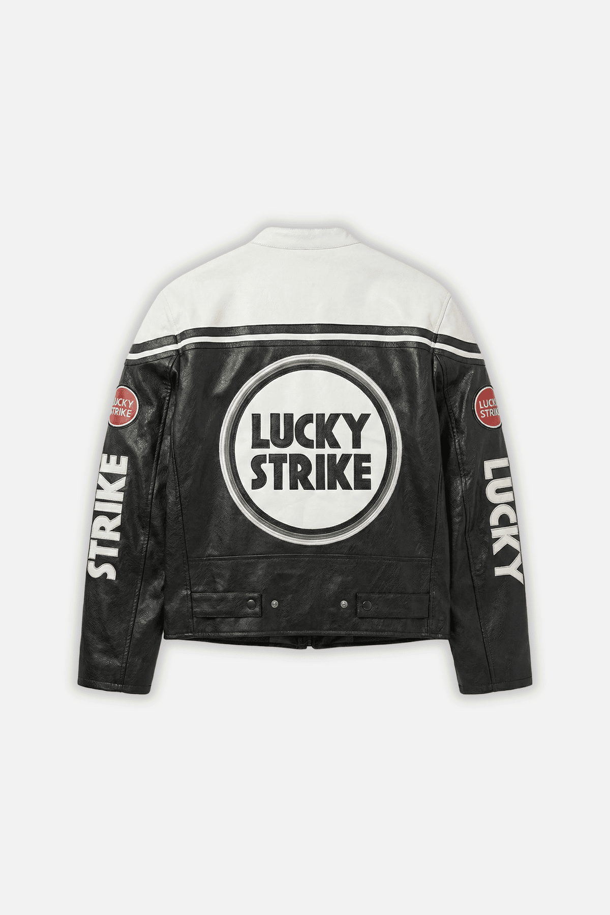 Black and white Lucky Strike racing jacket with bold logo back print from revnhaus