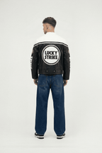 Black and white Lucky Strike racing jacket with bold logo back view from revnhaus