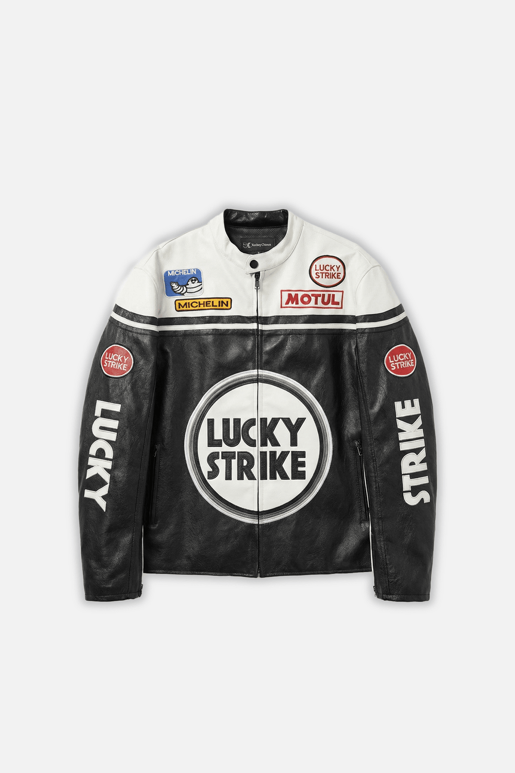 Lucky Strike racing leather jacket with Michelin and Motul patches from revnhaus