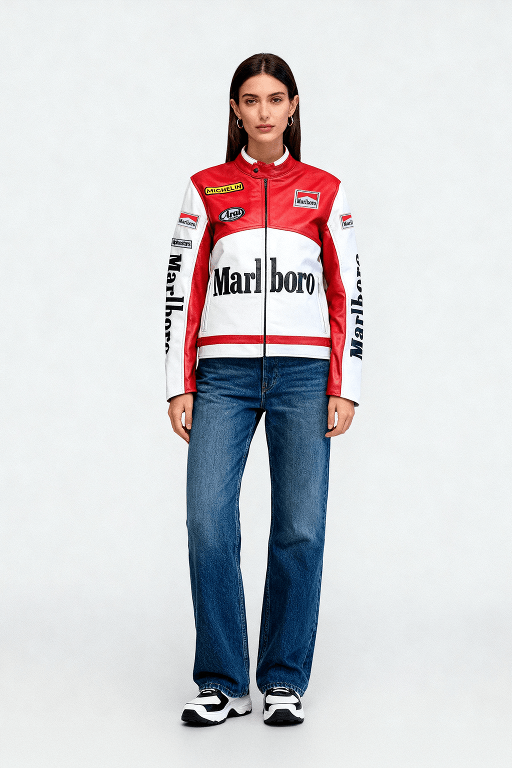 Red and white Marlboro racing jacket with Michelin and Arai logos, styled with jeans from revnhaus