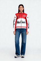 Red and white Marlboro racing jacket with Michelin and Arai logos, styled with jeans from revnhaus