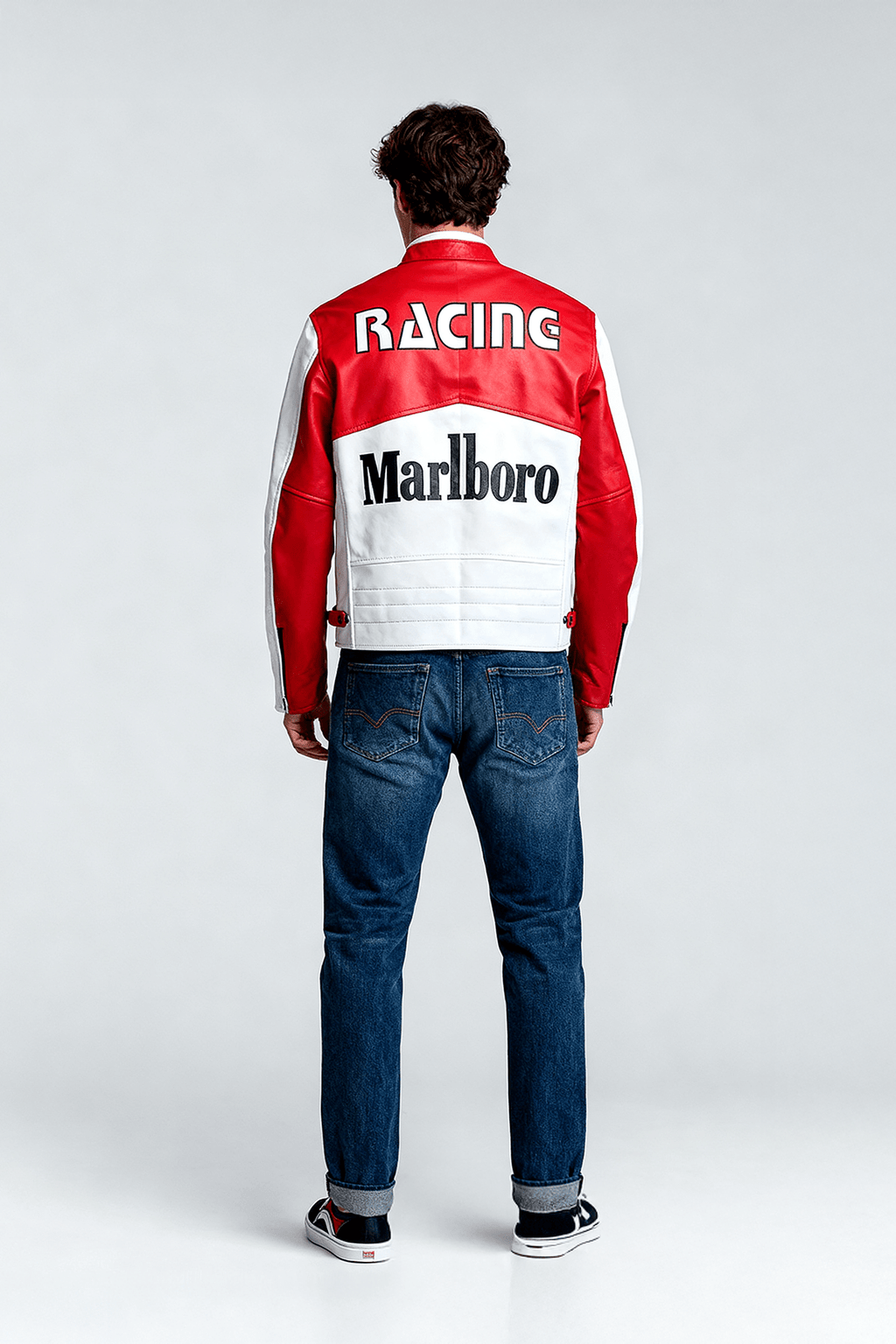 Red and white racing jacket with Marlboro logo, back view, from revnhaus