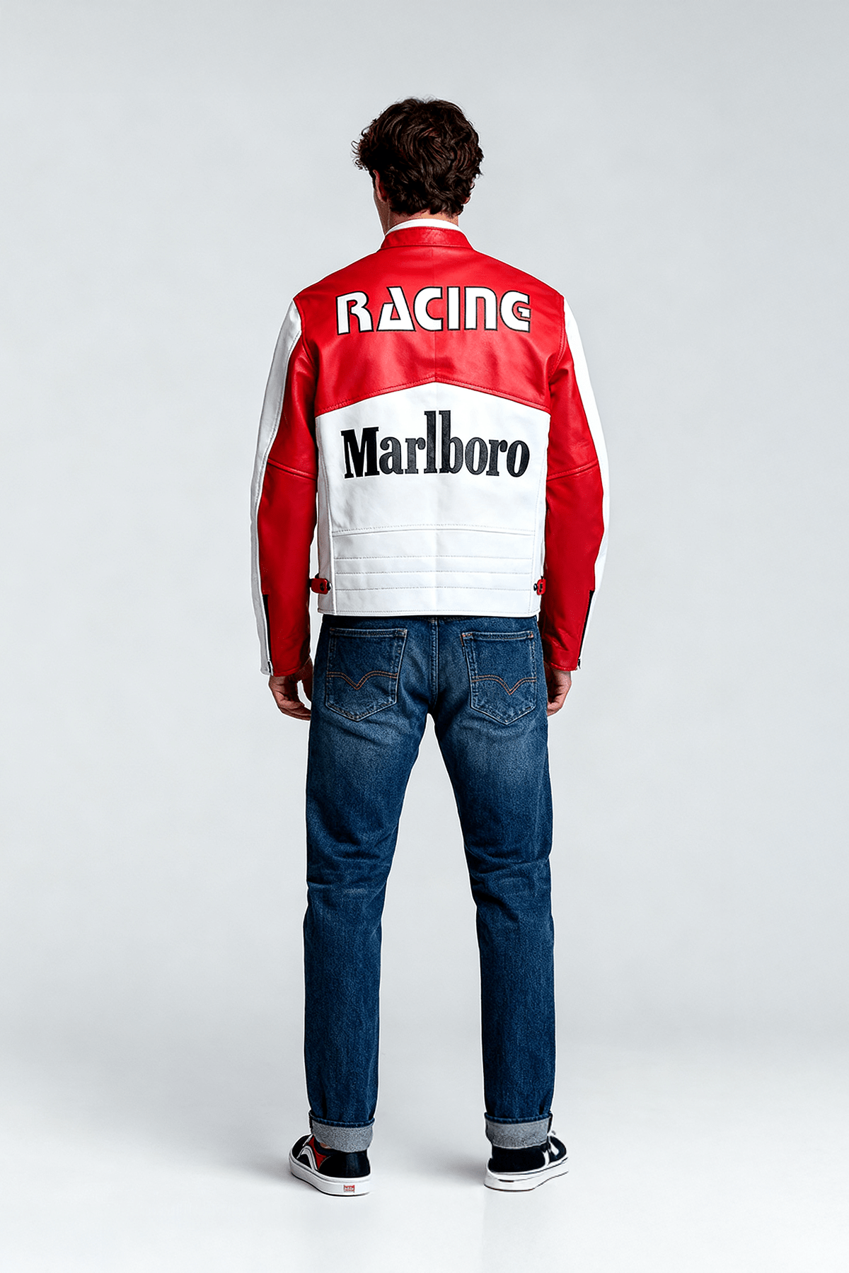 Red and white racing jacket with Marlboro logo, back view, from revnhaus