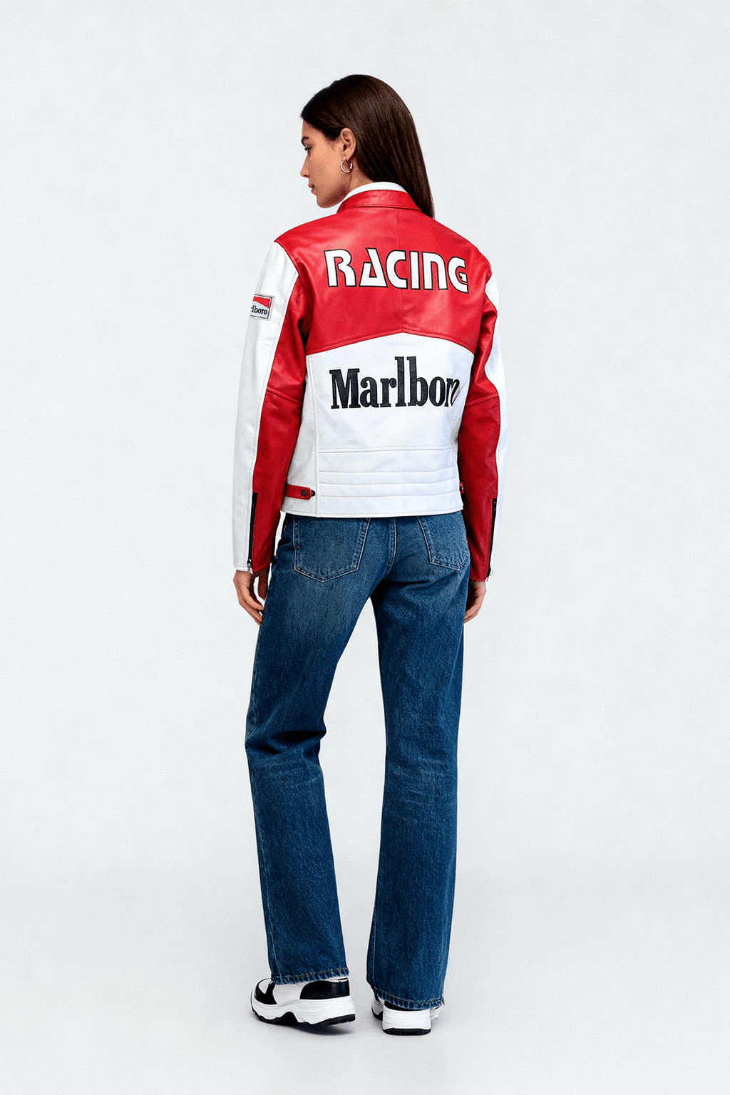 Red and white racing jacket with Marlboro logo, worn with jeans from revnhaus