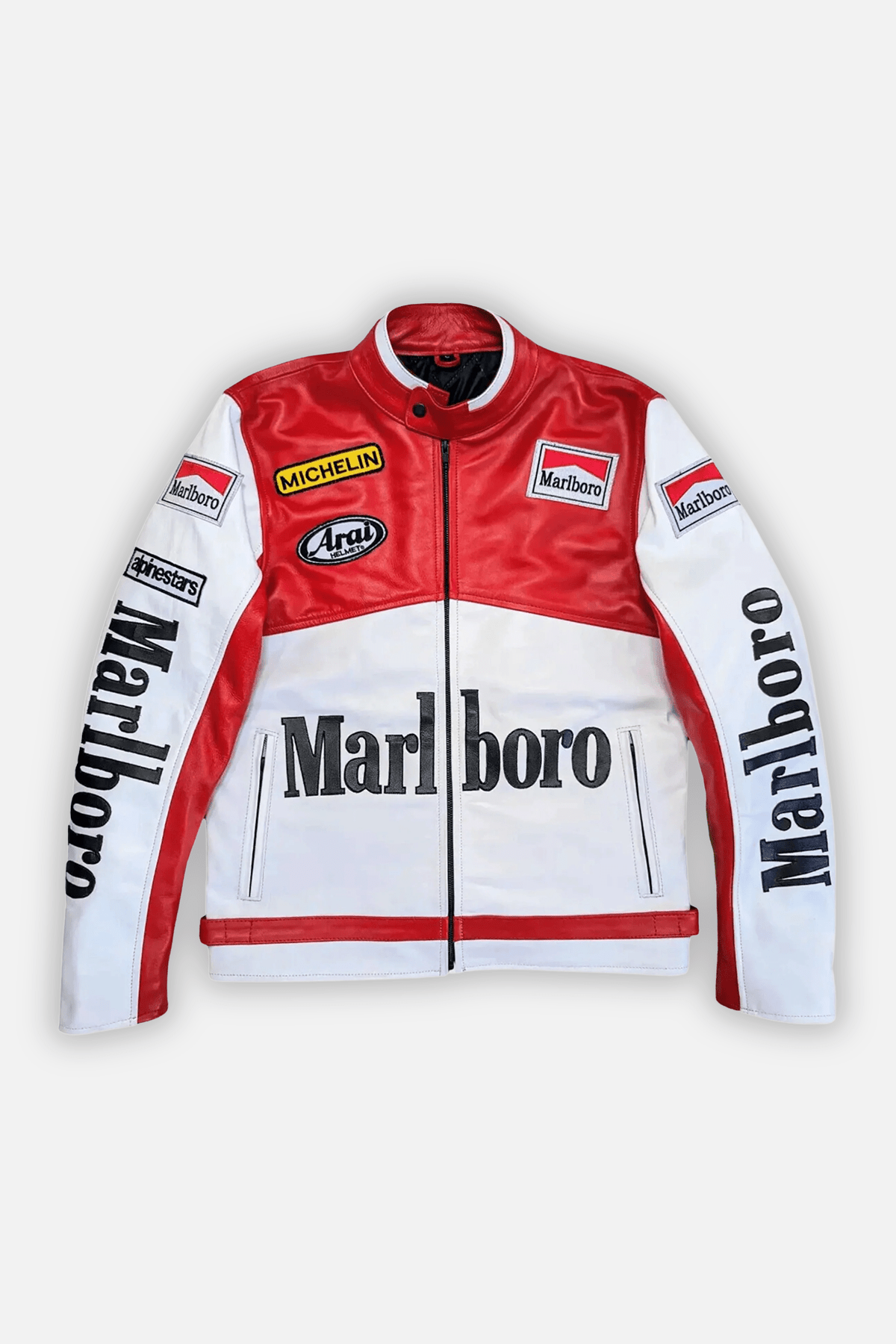 Red and white Marlboro racing jacket with Michelin and Arai logos, from revnhaus