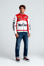 Red and white Marlboro racing jacket with Michelin and Aral logos, worn with jeans and sneakers from revnhaus