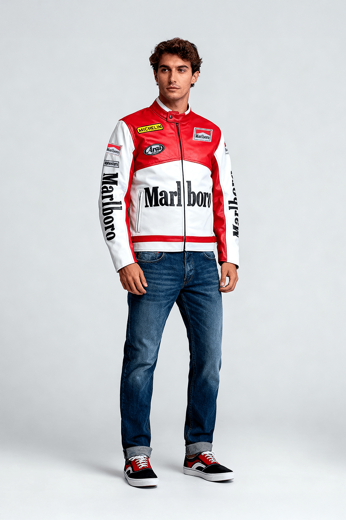 Red and white Marlboro racing jacket with Michelin and Aral logos, worn with jeans and sneakers from revnhaus