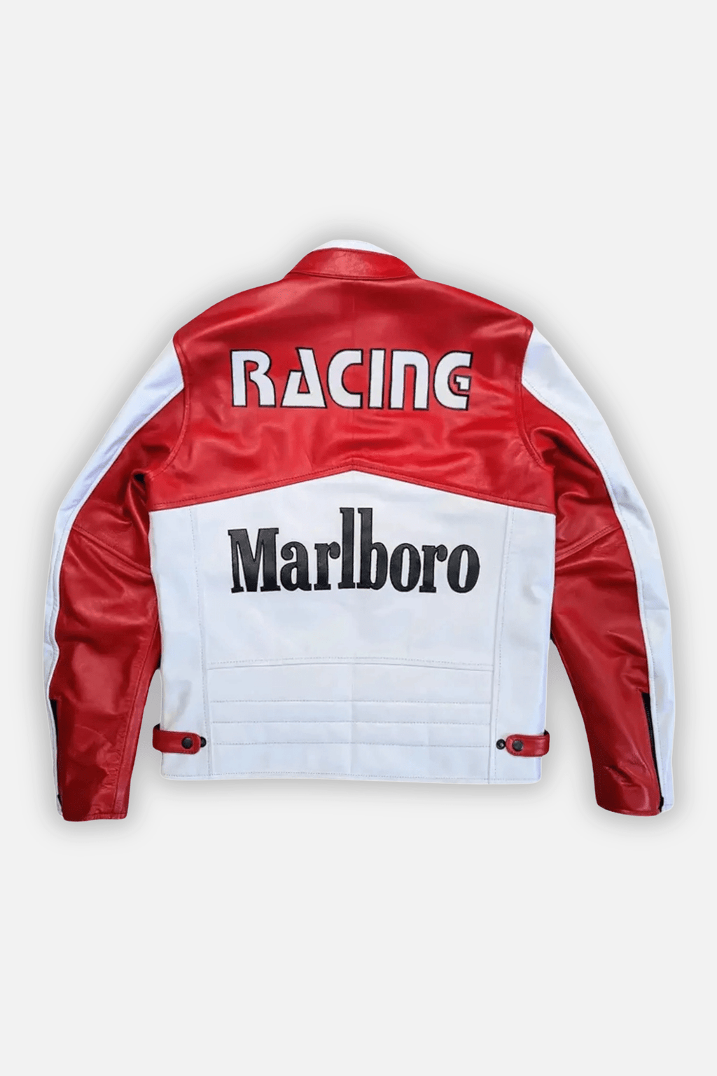 Red and white racing leather jacket with Marlboro logo, from revnhaus